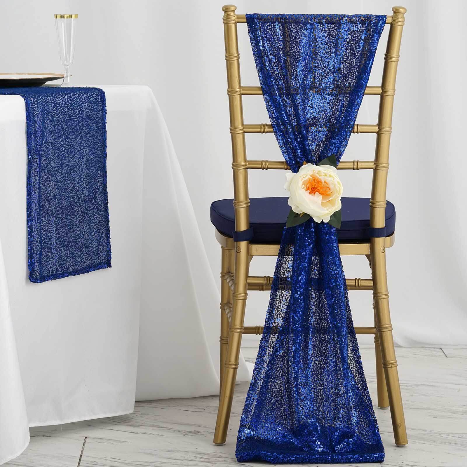 5 Pack Royal Blue Sequin Chair Sashes 12"x108"