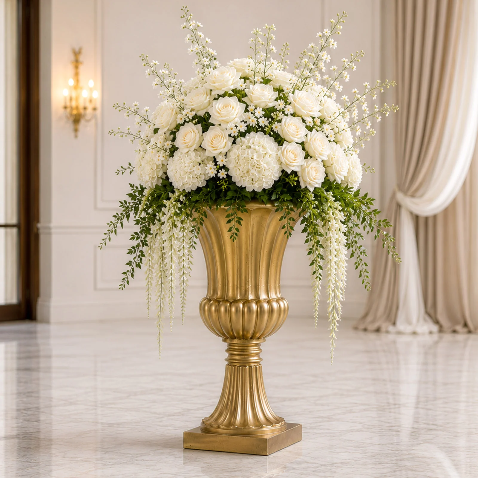 2 Pack Gold Plastic Roman Column Urn Planters, 20" Tall Floral Pedestal Vases, Detachable 3-Piece Convertible Design